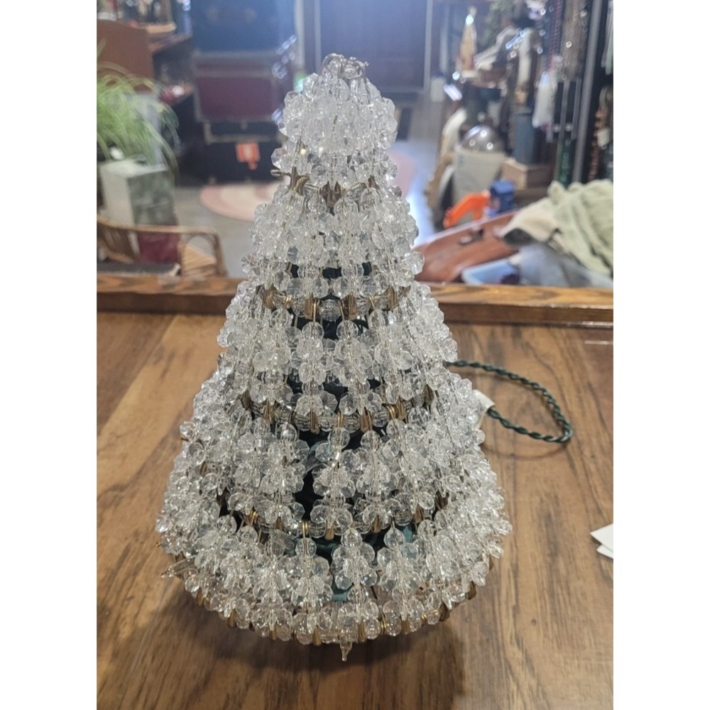 Vintage Handmade Clear Beaded Safety Pin Christmas Tree Topper Decor 10"